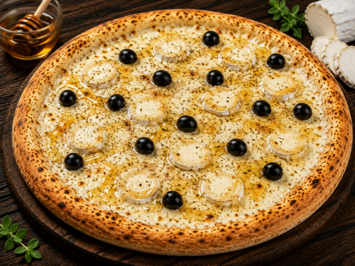 Maloya — Crème fraîche, miel, chèvre, mozzarella, origan, olives